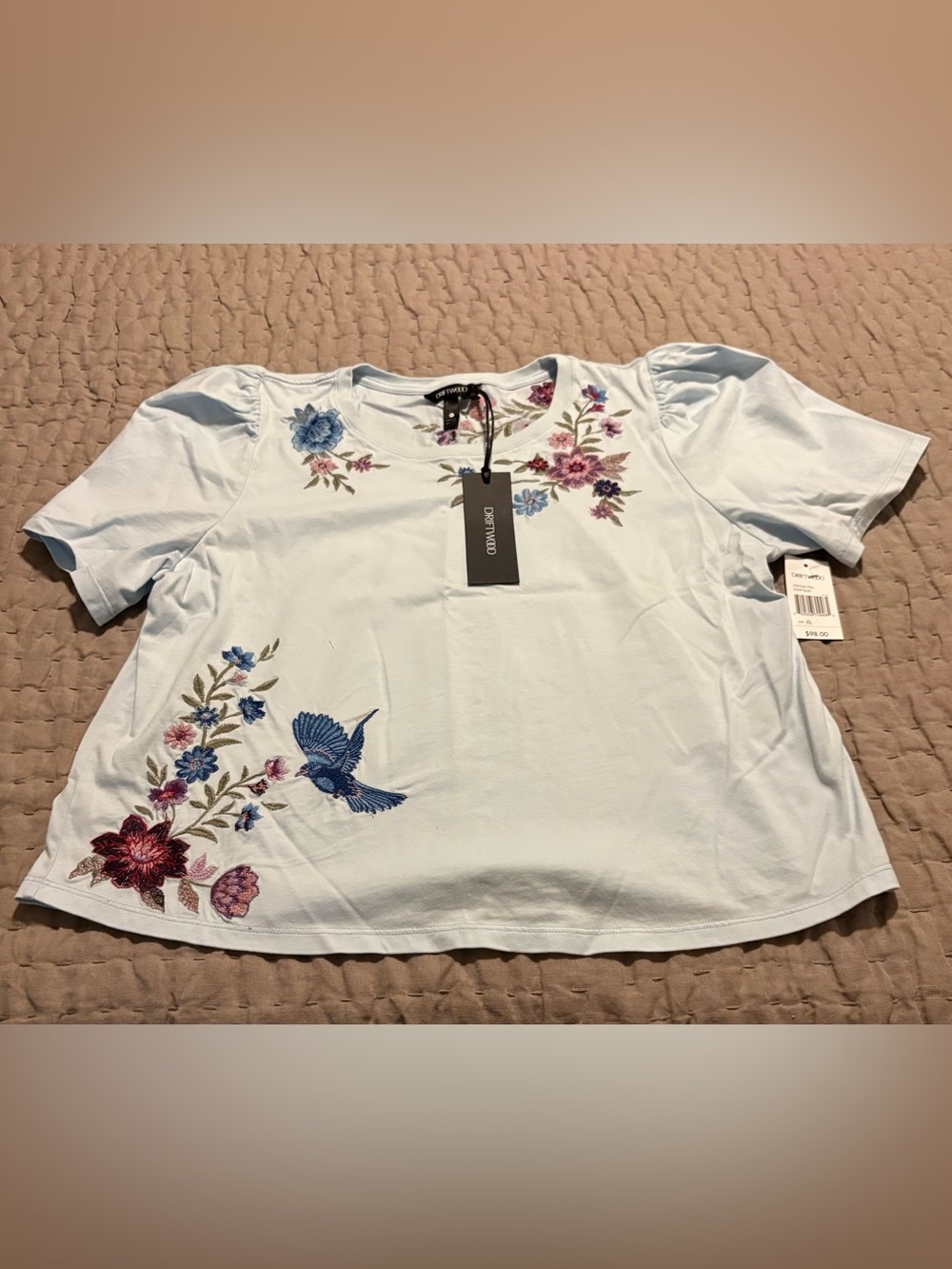 Driftwood Pale Blue Short-Sleeve Tee with Floral & Bird Embroidery, size XL